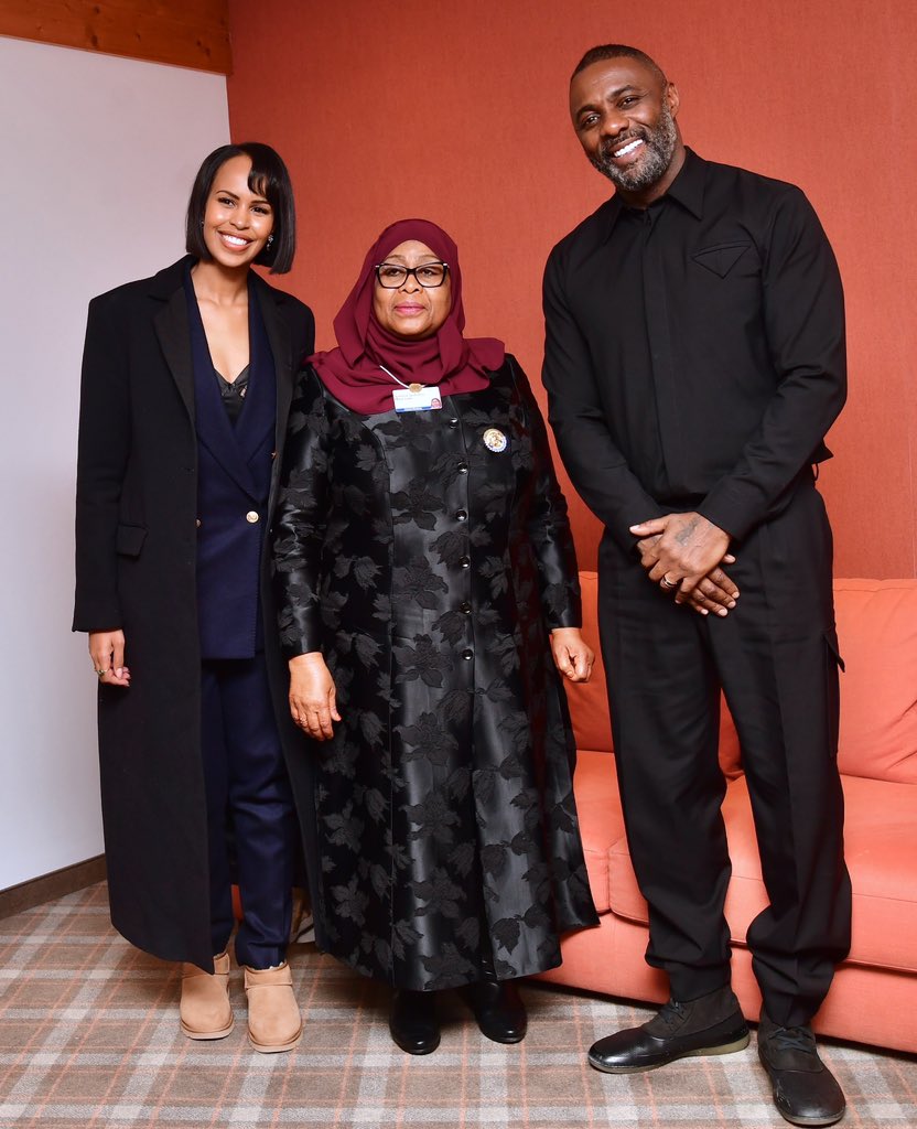 The President of the United Republic of Tanzania, Her Excellency Samia Suluhu Hassan, in a picture together with the renowned International Film Actor Idris Elba who is the Ambassador of Goodwill for the United Nations IFAD and his wife Sabrina Elba while at Davos in Switzerland.