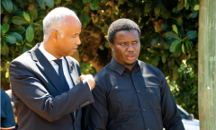 The Honourable Ahmed Hussen, Minister of International Development for Canada, and Tanzania's Deputy Minister of Agriculture, Hon. David Silinde (MP), share a word during the launch of the "Her Resilience, Our Planet Project" at Koga Farm in Kibamba Village, Mkuranga District, on May 15, 2024.